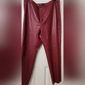 Zara High Waisted Deep Red Faux Leather Trousers With Zippers On Both Sides